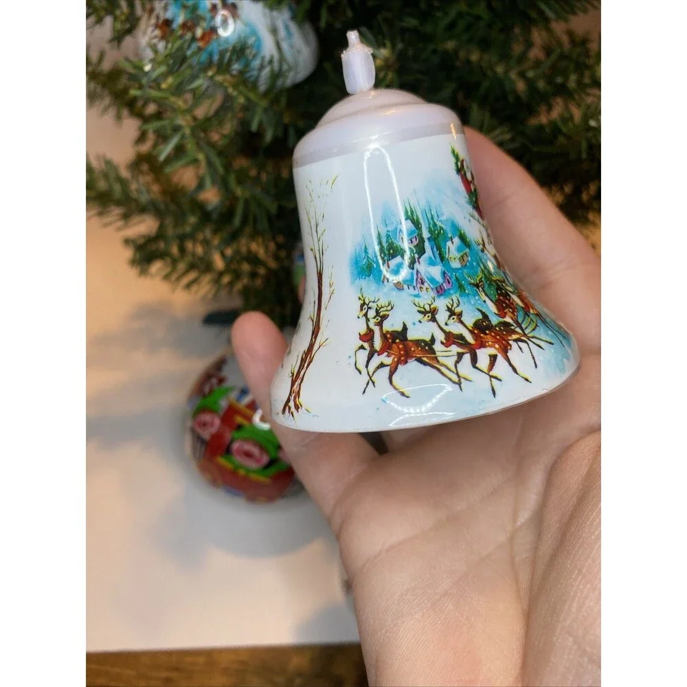 Vintage Christmas Tree Ornament Santa Express Train Elves Sleigh Deer Ball Bell